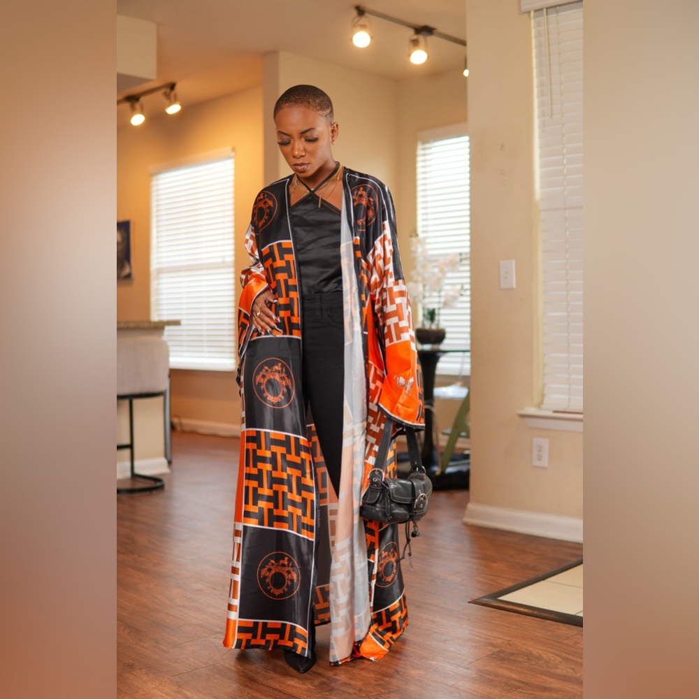 Women's Orange & Black Printed Long Kimono Robe